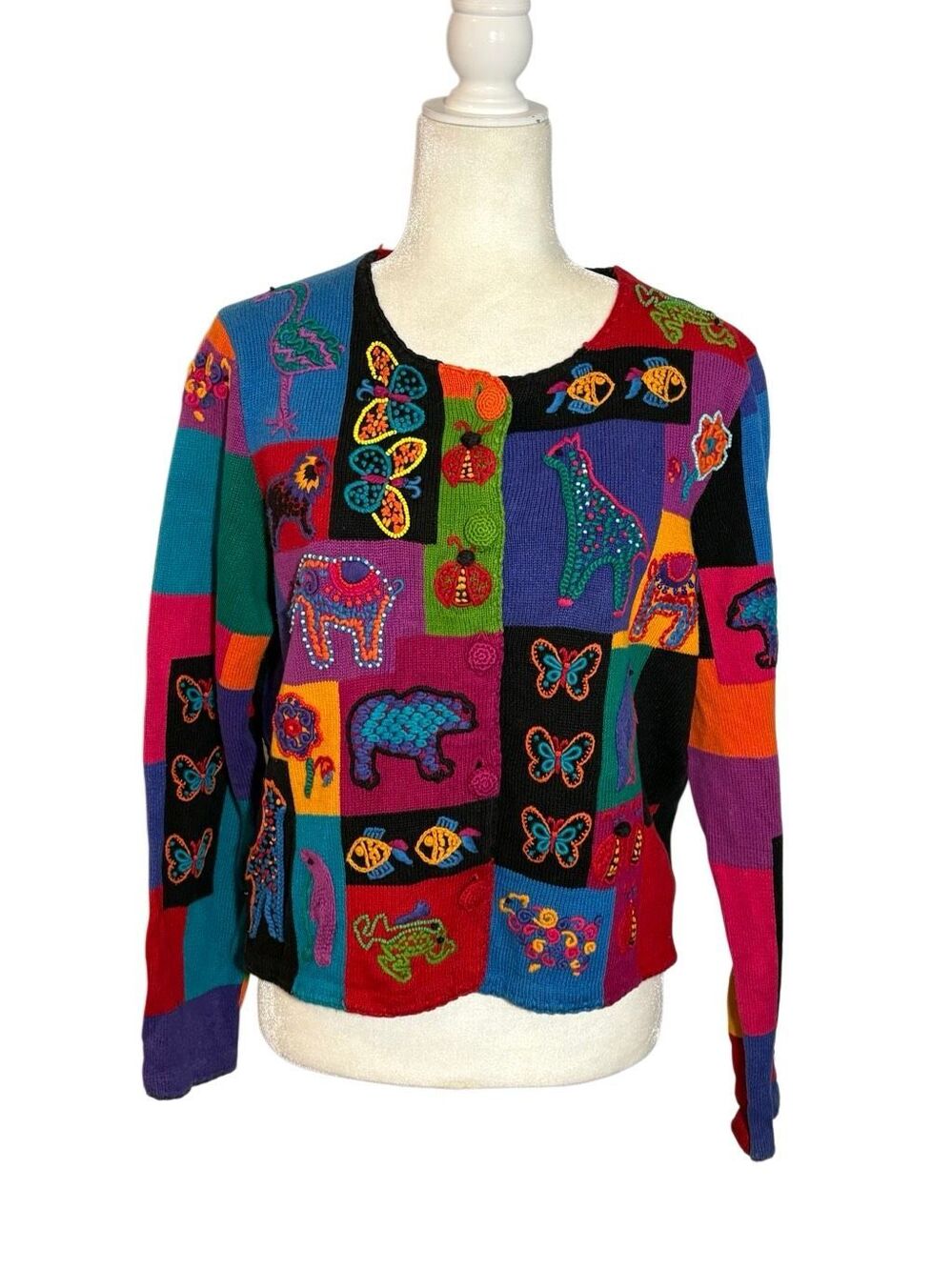 Vintage Michael Simon wearable art cardigan with beaded and embroidered animal m